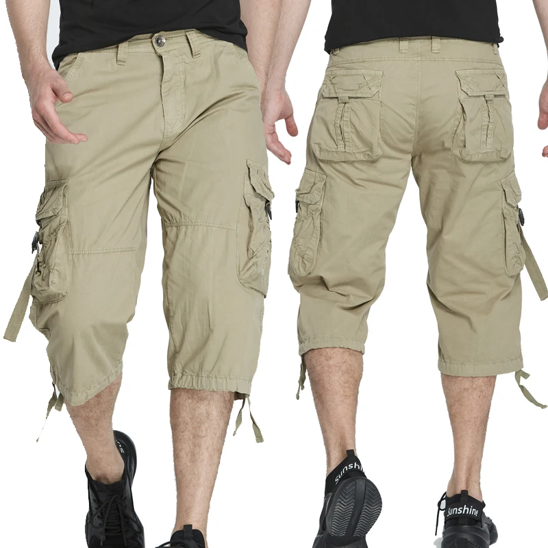 New style Cotton Below Knee Length  3/4 Long Shorts Men\'s Tactical Capri Pants Multi Pocket Summer Twill Work Cargo Pants Man