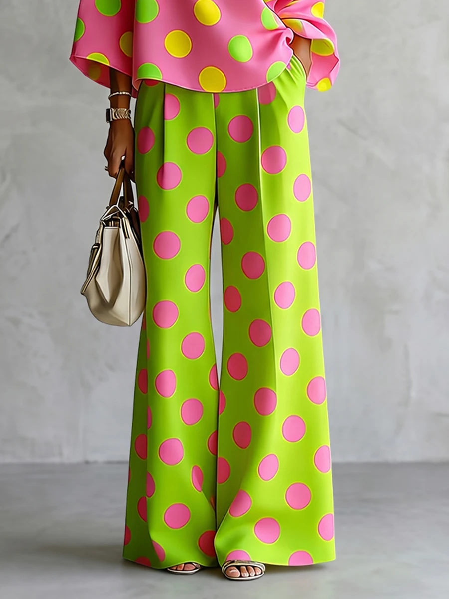 Women Polka Dot Wide Leg Pants High Waist Pleated Front Button Loose Straight Trousers Casual Vacation Fashion Long Pants