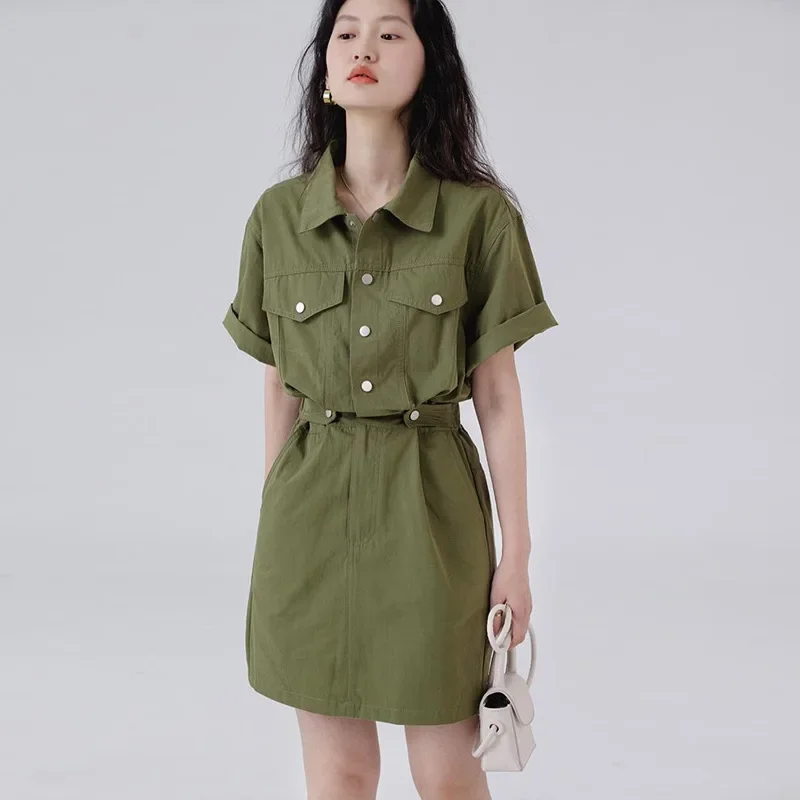 Workwear Polo Shirt Dress Women's Summer New Design Sense Small Number A Line Waist Khaki Short Skirt