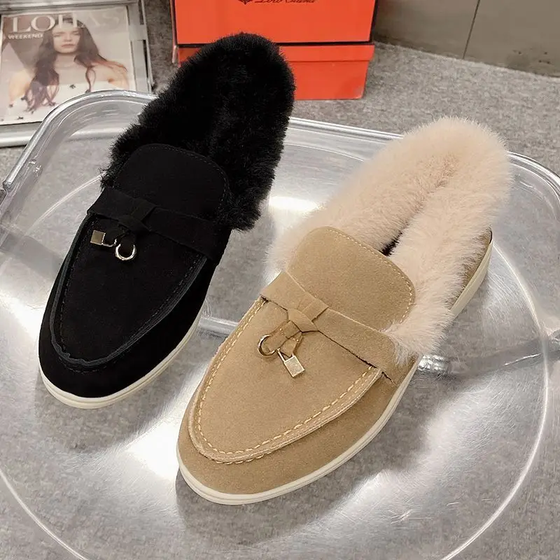 

High-quality winter women's round-toed flat loafers made of genuine leather, stylish one-piece casual rubber slippers