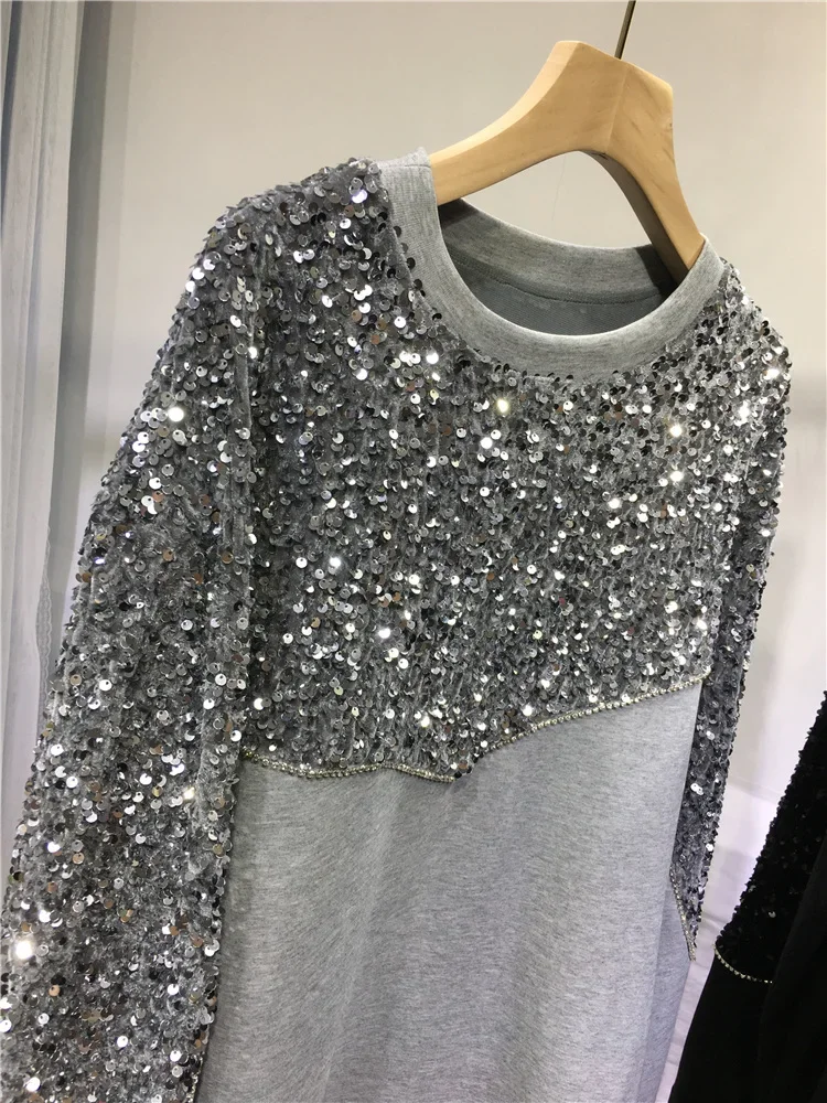 2024 New Spring Fashion Colorblock Sequins Diamond O-neck Women Sweatshirt Loose Casual Pullovers Hoodie Long Sleeve Top L-5XL