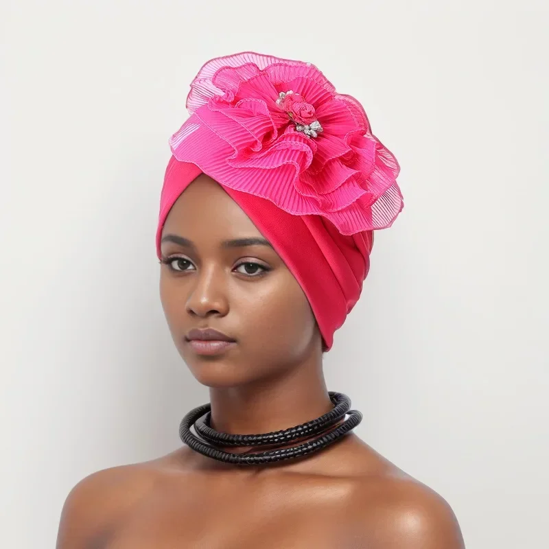 

Ruffled Flower Women Turban Cap African Auto Gele Headtie Aso Oke Head Wrap Hat Nigeria Wedding Headpiece Hijab Headscarf Bonnet