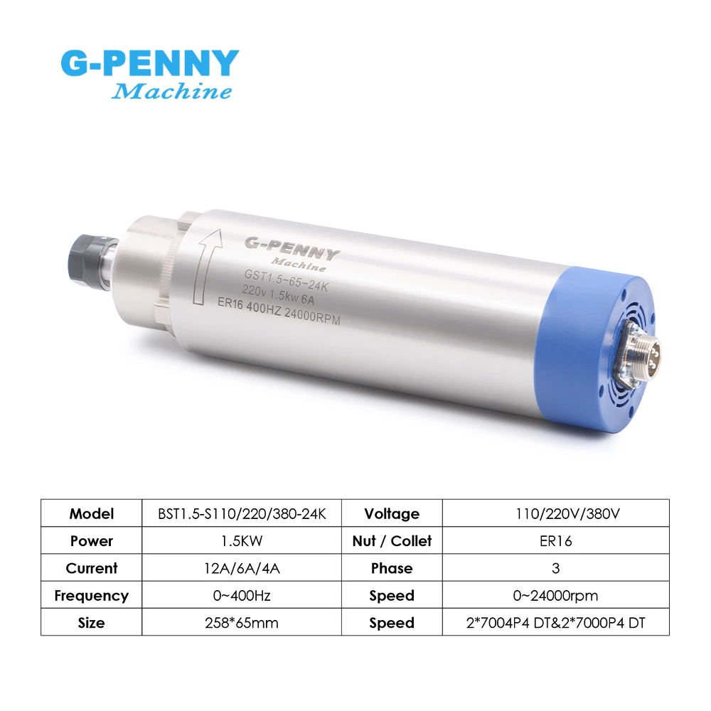 Nieuwe aankomst! G-Penny 1.5k ER16 D=65mm Luchtgekoelde spilmotor110v/220v/380v Houtbewerking Luchtkoeling 65x258mm 4 lagers