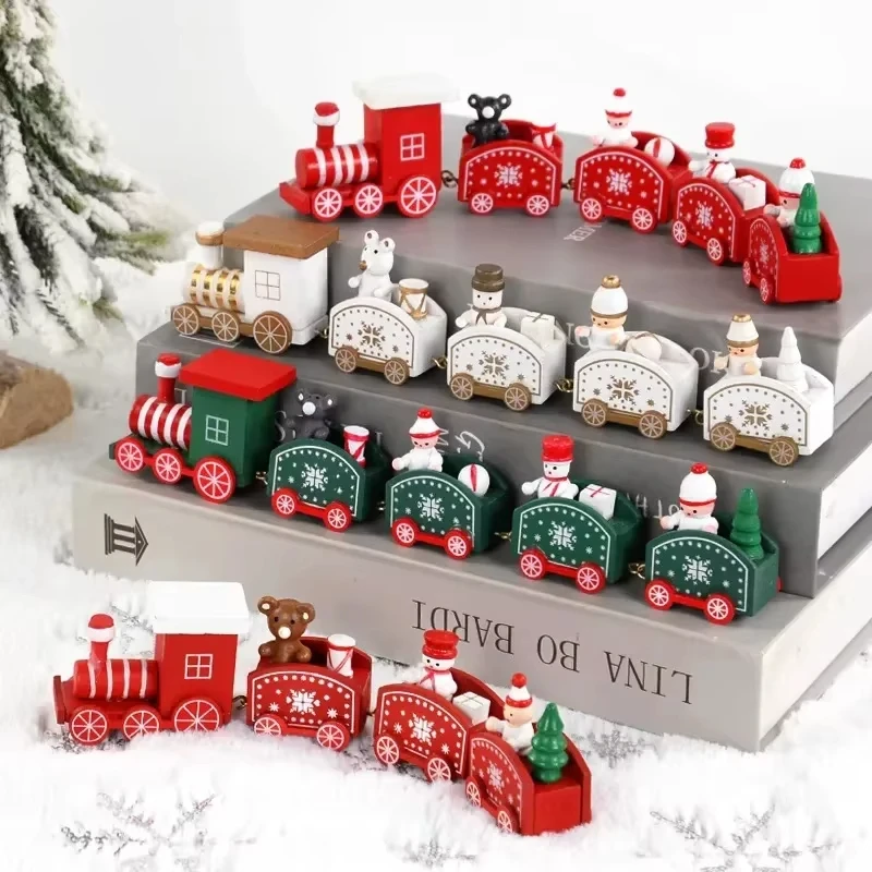 Wooden Christmas Train Set Holiday Decorative Train with 3/4 Carriages Xmas Train Set for Desk Santa Claus Festival Toy Train