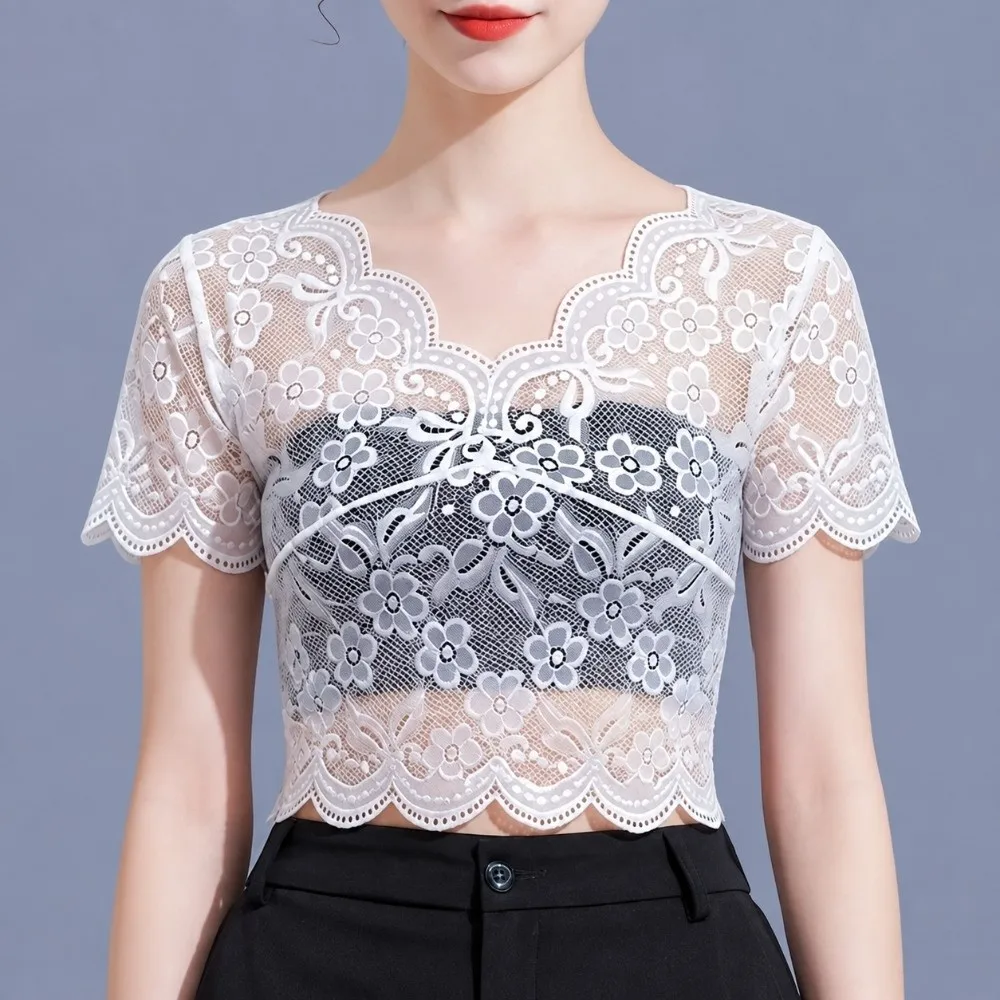 Lightweight Floral Lace Lace Top V-Neck Hollow Out Crop Lace Tee V Neck Top Women Girls