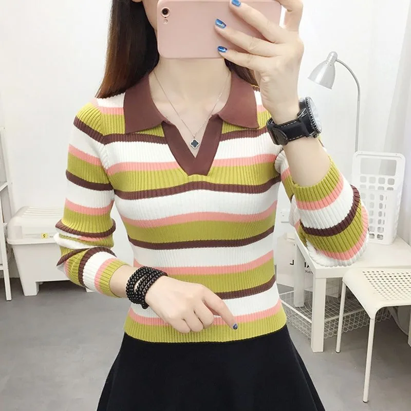 

Polo Lapel Sweater Bottoming Sweater Women's New Autumn Striped High-waisted Long-sleeved Top