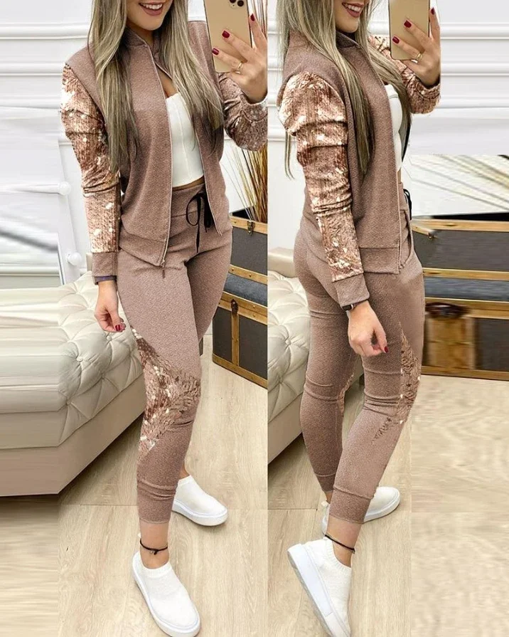 Tweedelige Sets Dames Outifits Casual Lange Mouwen Contrast Pailletten Rits Design Jack & Skinny Broek Met Trekkoord Herfst