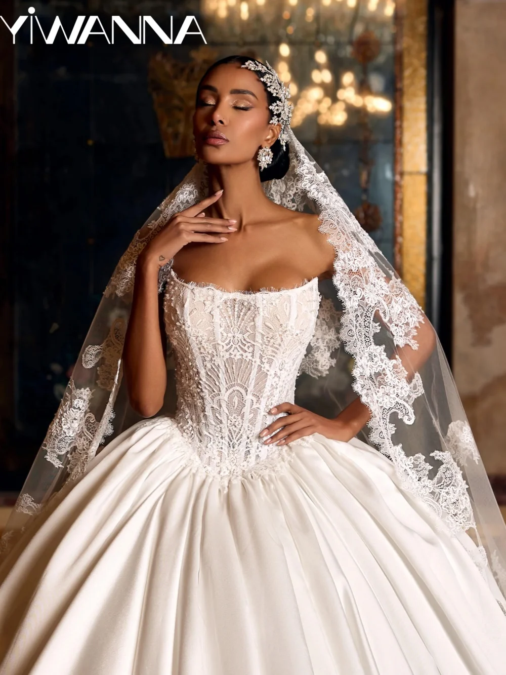 

Ivory Charming Satin Beaded Wedding Dress Strapless Elegant Princess Long Bridal Gown Customized Exquisite Dresses For Bride