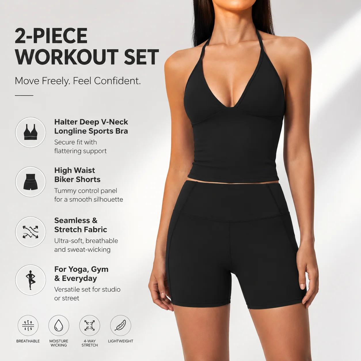 Women's Halter Deep V-Neck Longline Sports Bra and High Waist Biker Shorts Set Seamless 2-Piece Workout Outfit with Tummy Contro