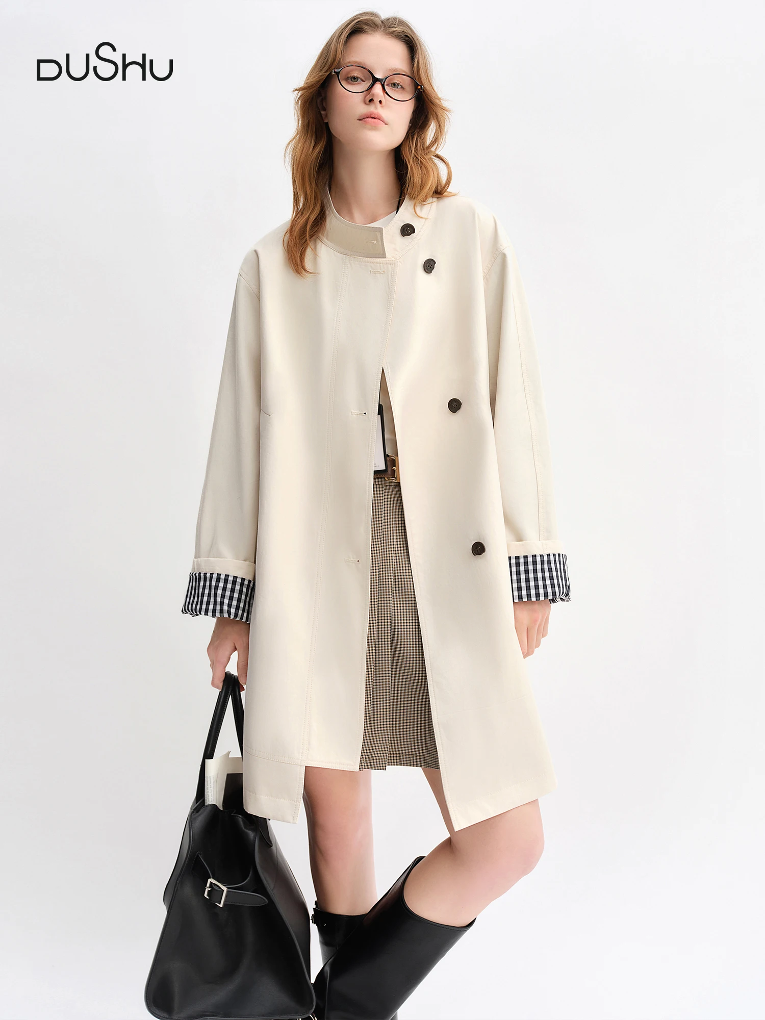 DUSHU Autumn 2025 Women's Stand Collar Trench Coat - Relaxed Fit Plaid Patchwork Loose Outerwear Casual Windbreaker Top