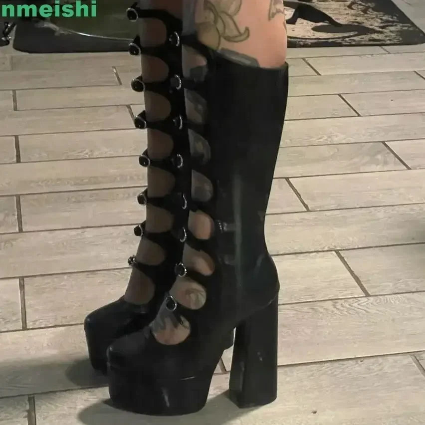 

2025 New Hollow Mid-Calf Boots Platform Zipper Square Heel Buckle Strap Women Pole Dance Shoes Fashion Round Toe Sexy Boots