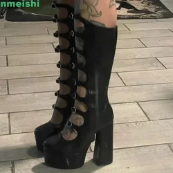 2026 New Hollow Mid-Calf Boots Platform Zipper Square Heel Buckle Strap Women Pole Dance Shoes Fashion Round Toe Sexy Boots