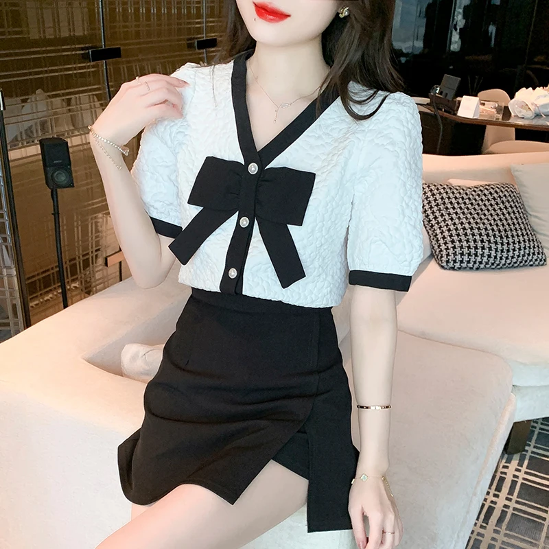 Summer New Korean Style Shirt Tops Bow V-neck Stitching Long Sleeve Chiffon Women's Chiffon Blouse