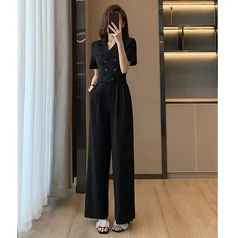 Women Jumpsuit Fashion Solid Color Notched Neck Lapel Short Sleeve Double Breasted Casual with Pockets OL Pants Romper