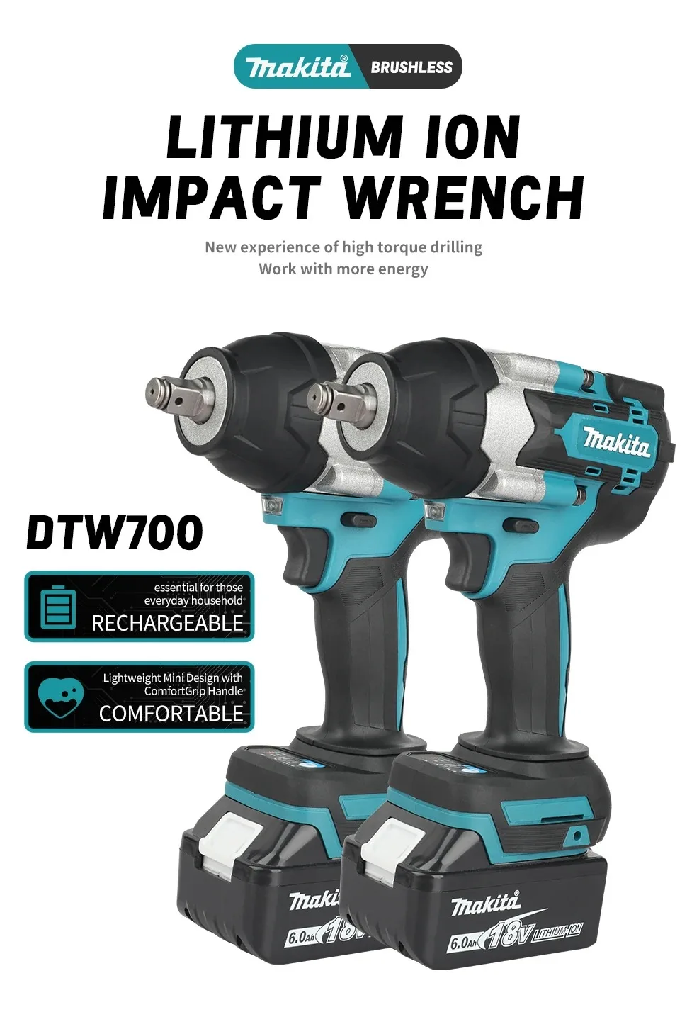 Makita DTW700 Brushless Cordless Electric Wrench 1000Nm Variable Speed Power Tool with Auto Stop for 18V Battery Pack