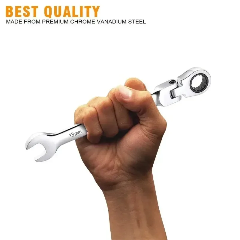 Llave combinada de trinquete con cabeza pivotante flexible de 8 mm-13 mm - Herramienta manual métrica para reparación de automóviles y uso en garaje doméstico