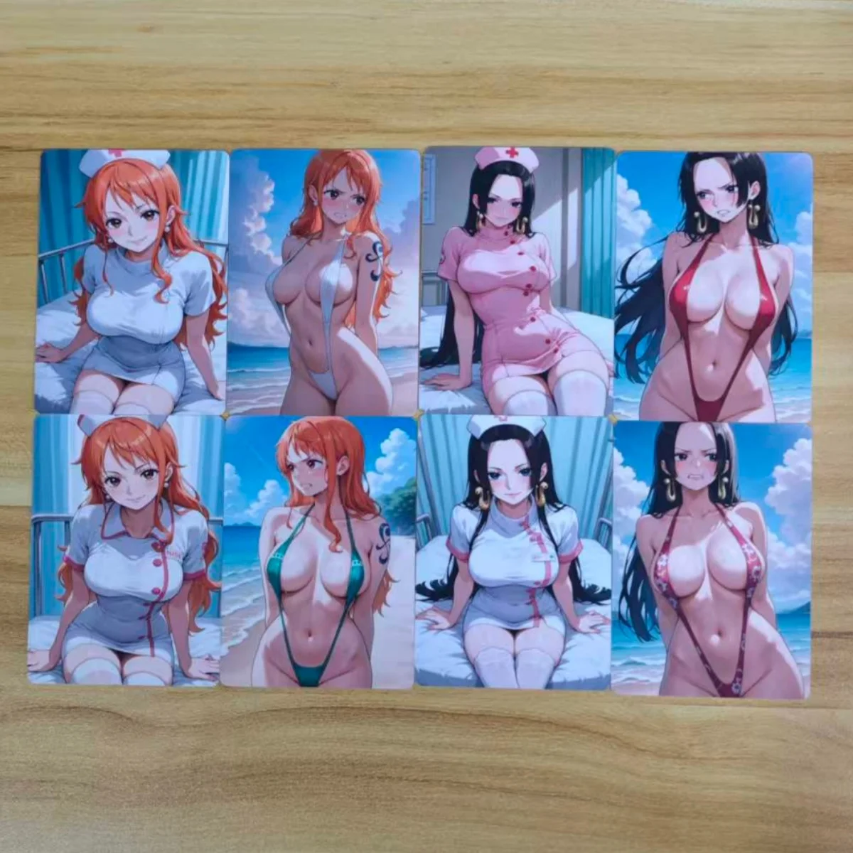 Juego de 8 tarjetas NSFW con diseño de uniforme de enfermera, bikini, Boa Hancock, Nami, Nico Robin, Perona, tarjetas coleccionables de doble cara, 18+