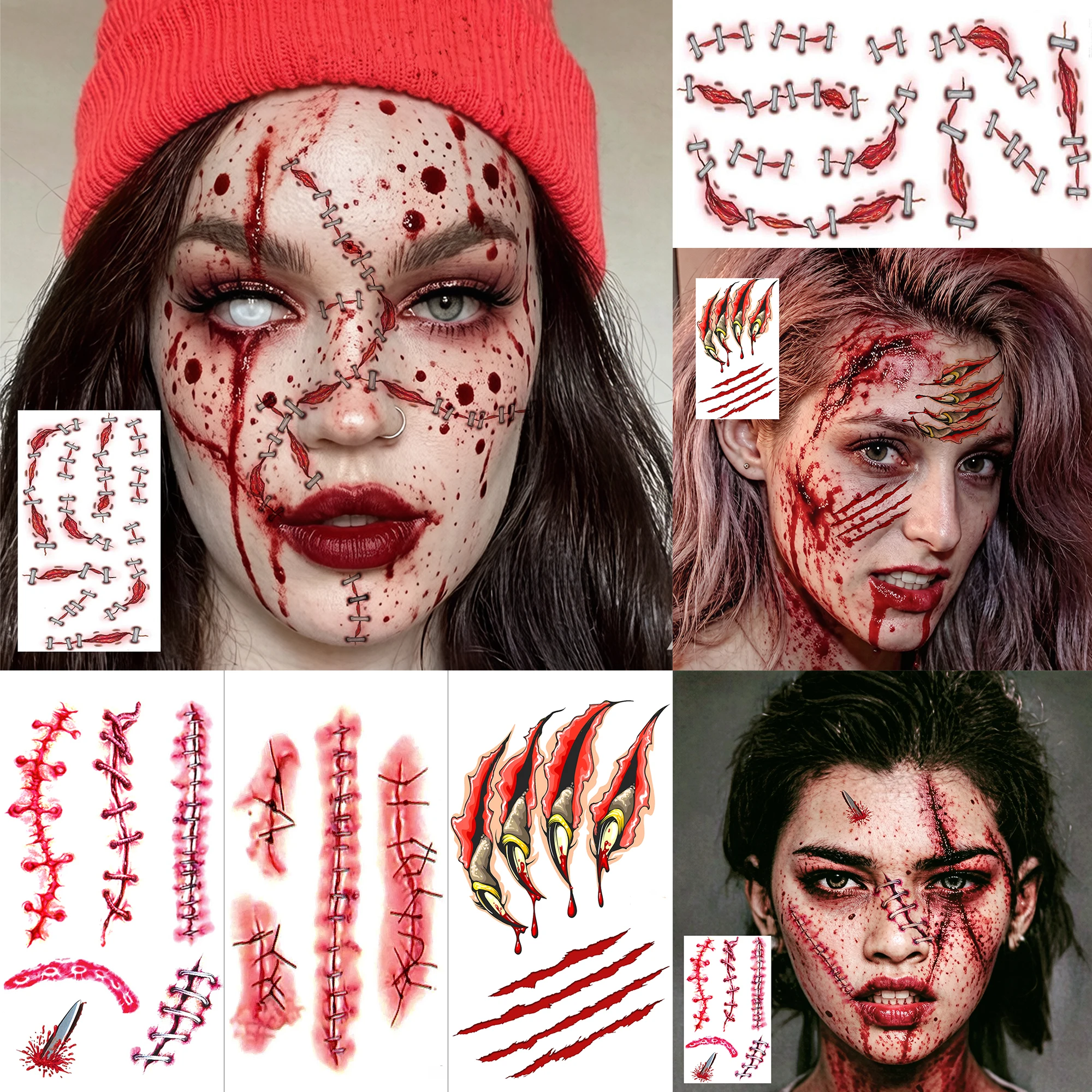 1 Sheet Halloween Monster Cosplay Realistic Stitched Bloody Wound Claw Scratch Temporary Tattoos, Waterproof Fake Tatoo Sticker