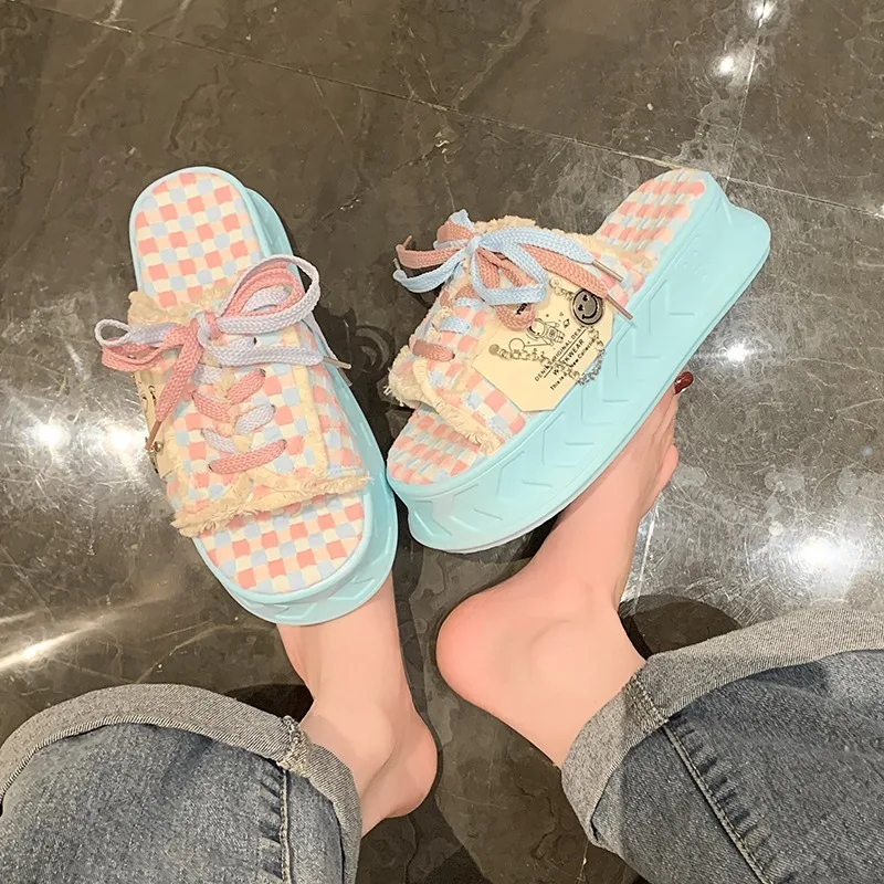 6CM Kawaii Summer Women Weave Slippers Platform Shoes Fashion Mules Flip Flops Candy Color Sandals Flat Casual Shoe For Female