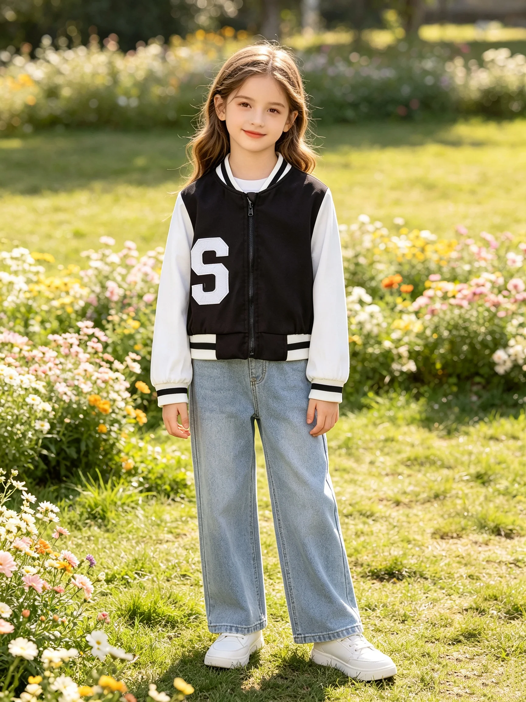 Spring And Autumn Girls' Sweet Cool Baseball Jacket Short Black And White Color Blocked Trendy Cool Photo Dressing Coat