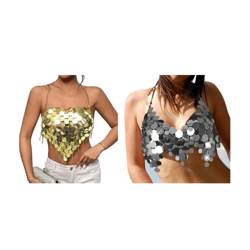 

Womens Glitter Metallic Sequins Halter Bikinis Bras Tassels Hem Body Chain Jewelry Sexy Backless Camisole Party Clubwear