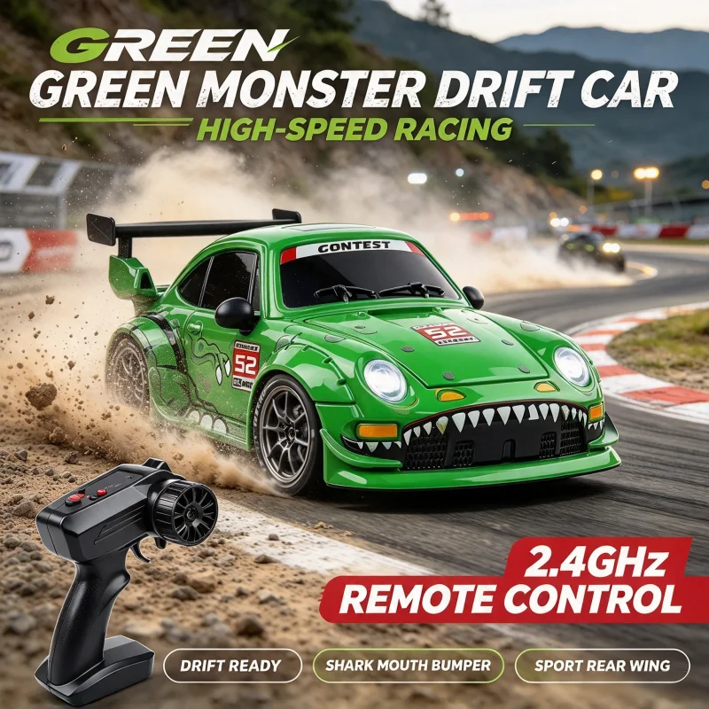 High Speed RC Drift Car 1 24 Scale 25KM H Green Monster Remote Control Sport Vehicle Light Effects RTR Drifting Toy for Boys