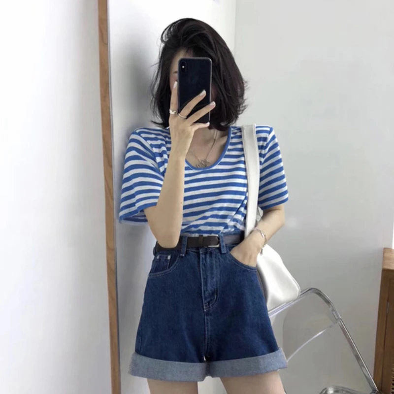 Black White Striped T-shirts Women's Short Sleeve O-neck Loose All-match Printing Youth Casual Tops Tees Vintage Trend Clothing