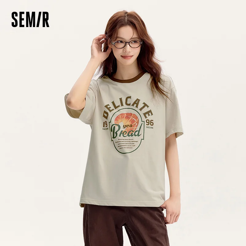 Semir Short-Sleeved T-Shirt Women Mid-Length Vintage Print 2024 Summer New Moisture-Wicking And Sweat-Absorbing Loose Fit Top