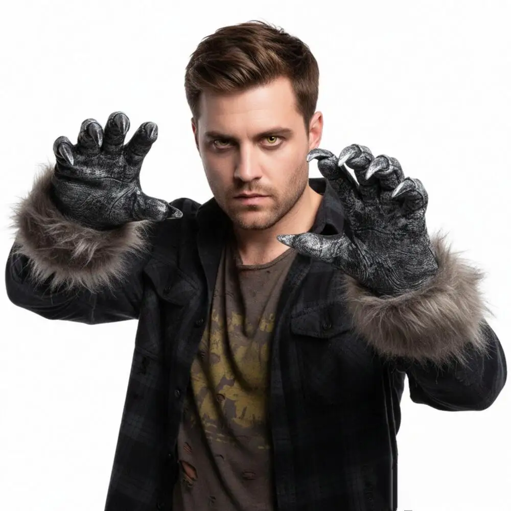 Halloween Werewolf Gloves with Furry Cuffs Scary Latex Hand Covers For Carnival Monster Cosplay Creepy Dress Up Grey Gloves Prop