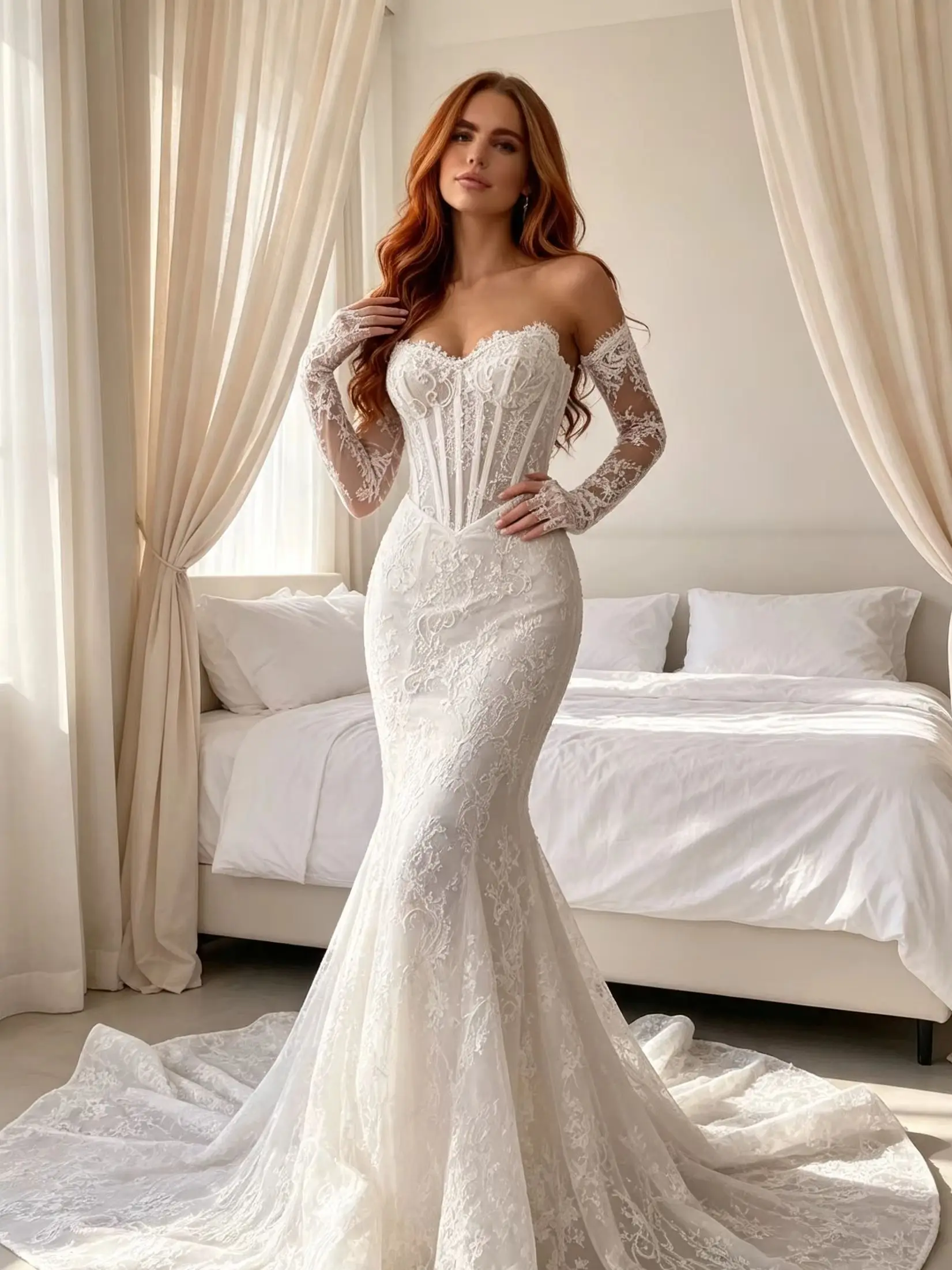 Customized Exquisite Lace Beaded Mermaid Wedding dresses Fashion Removable Train Bridal gown Elegant Sweetheart neck Bride Gowns