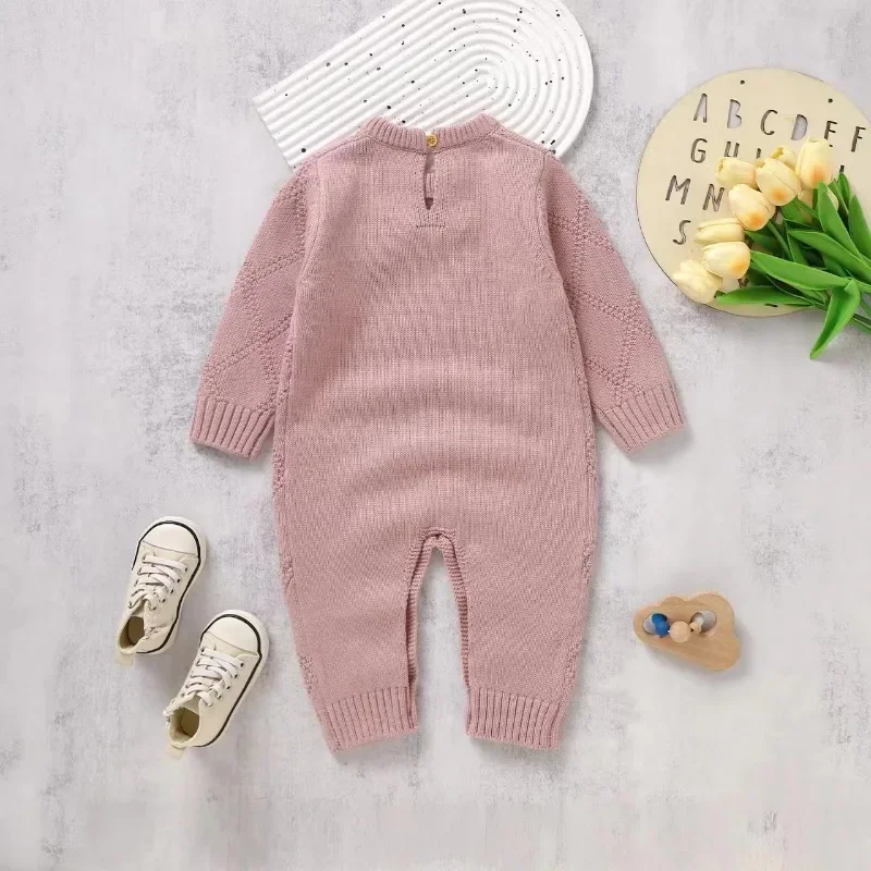 New Spring Autumn Solid Color Knitted Acrylic Long Sleeve 1-18 Months Newborn Baby Boys and Girls Rompers Jumpsuit Bodysuit