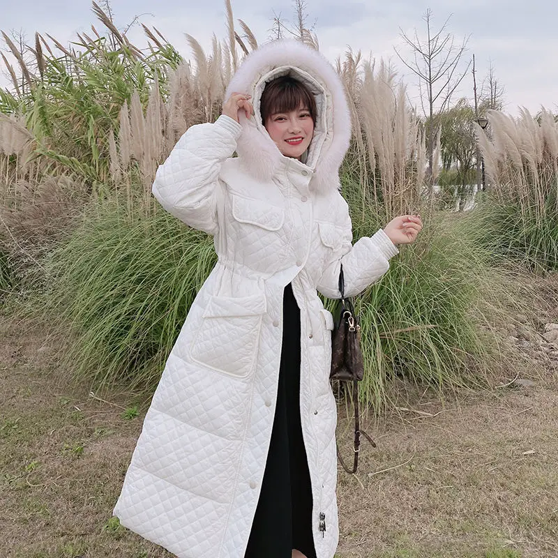 2022 winter version of new large wool collar cotton jacket for women, medium length, waist length, knee length, diamond jacket