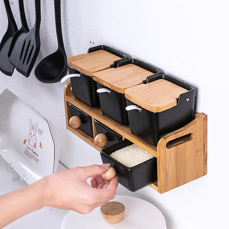 Square Ceramic Seasoning Jars Bamboo and Wood Seasoning Jar Japanese Jar Kitchen Household Salt Seasoning Box Set