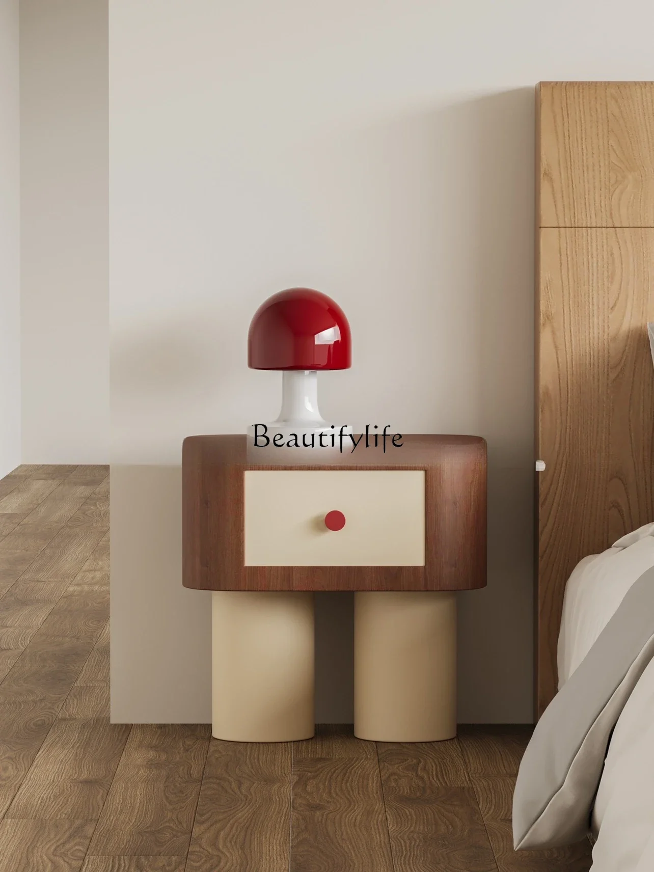 

Italian Light Luxury Bedside Table Design round Solid Wood Simplicity Modern Advanced Bedside Cabinet