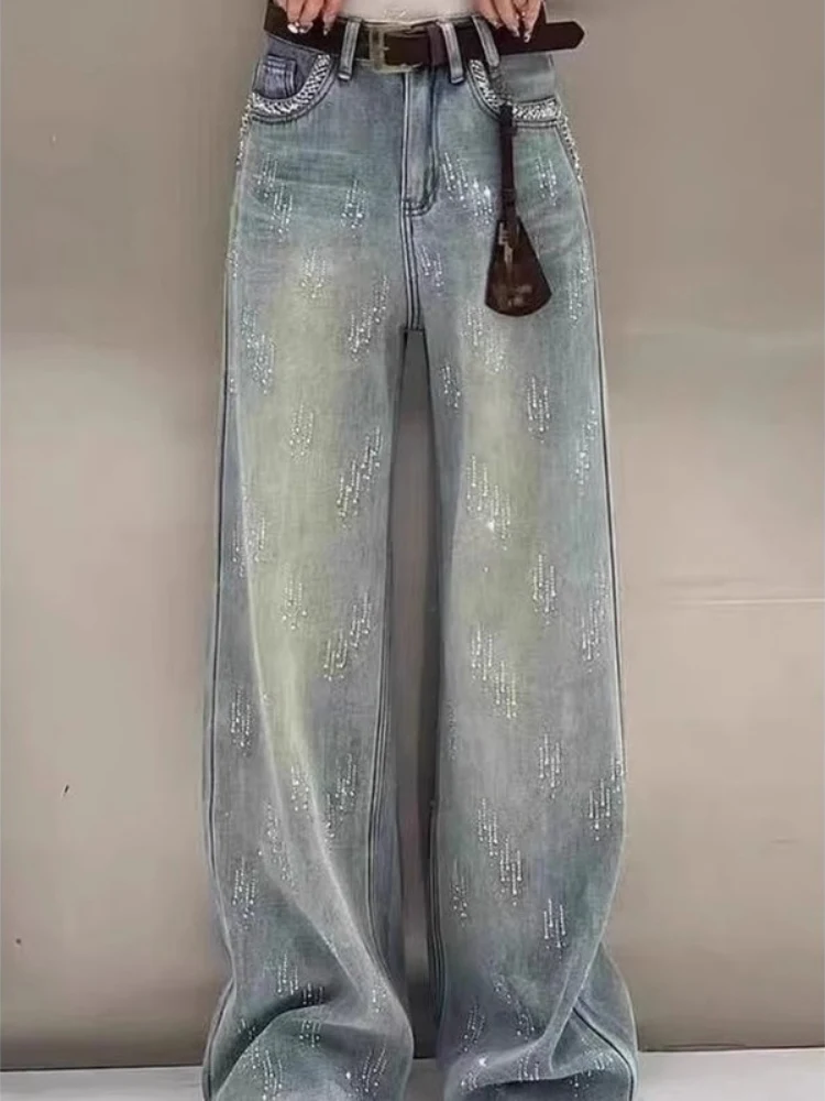 

High-Quali adient Women's Jeans Luxury Rhinestone Straight Leg Pants Spring 2025 Faionable Casual High Waist Wide Leg