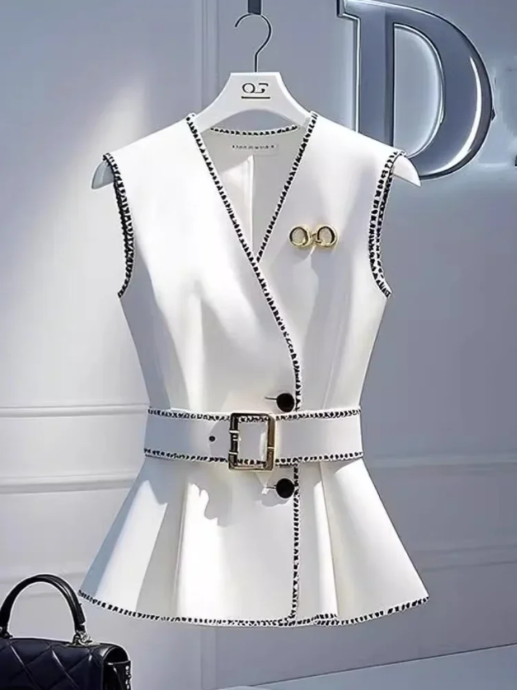 Korean Black Edging White Jackets Vest V-neck Small-waist Slim Fit Elegant Waistcoats Office Lady ClassicsTemperament Summer Top
