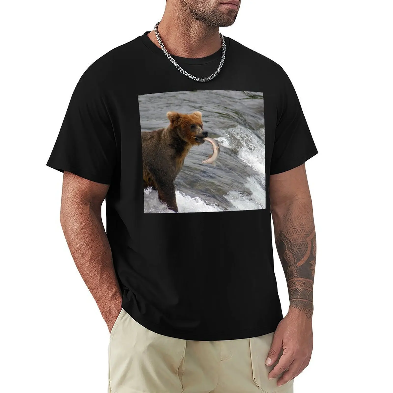 Brown Bear catching a salmon at Brooks Falls in Katmai National Park in Alaska. - WelshDesigns T-Shirt