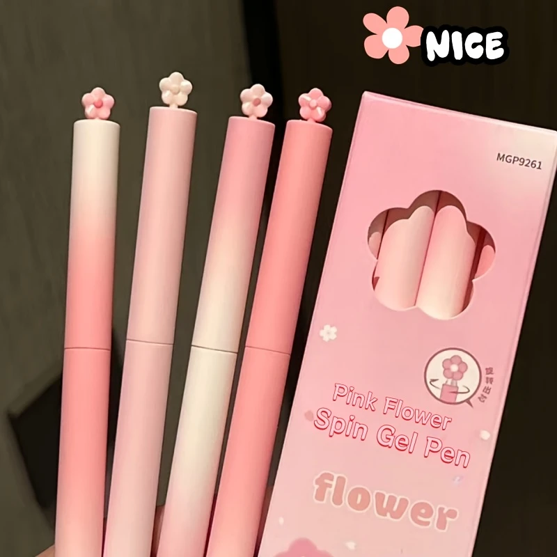 Un juego de cuatro bolígrafos de Gel giratorios con flores rosas, decoración de flores rosas degradadas de macarrón, estilo femenino bonito, escritura suave giratoria para avvanar