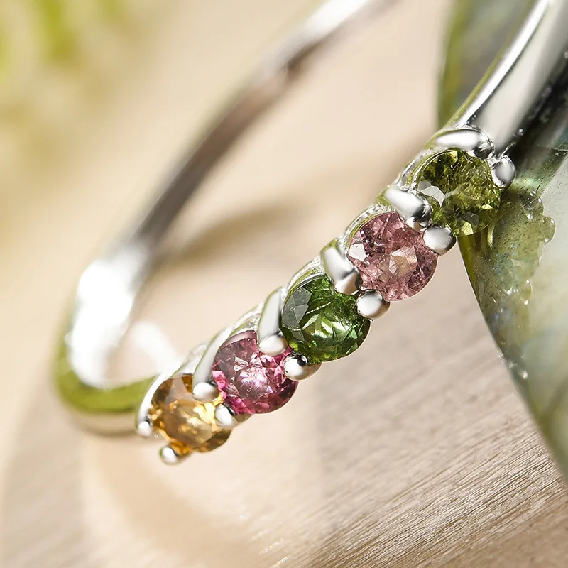 Tourmaline 925 Silver Women Ring Natural Stone Multicolor Sterling Silver S925 Opening Rings for Women Adjustable Wedding Ring
