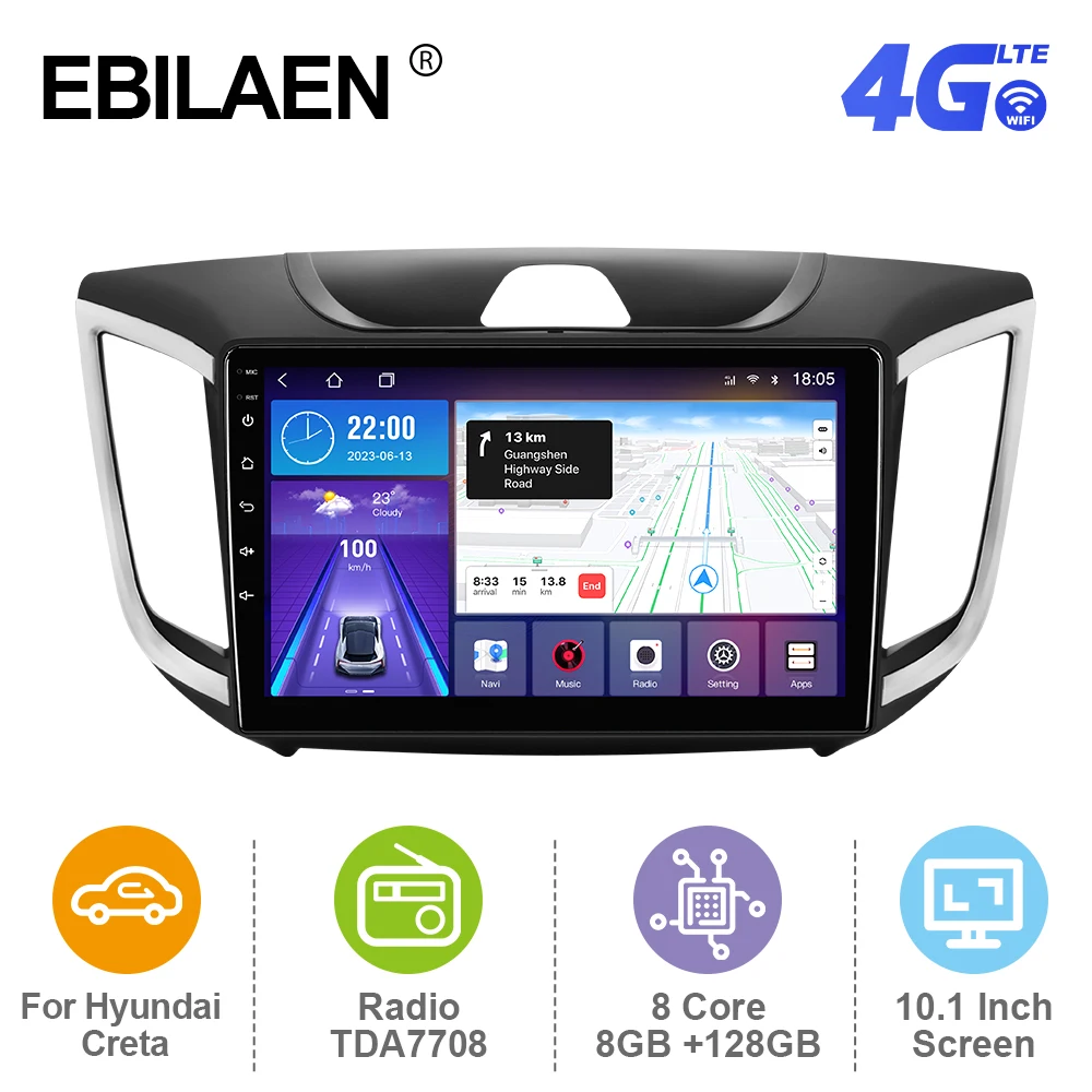 

EBILAEN Android 12 Car Radio For Hyundai Creta ix25 2015-2020 Multimedia Player GPS RDS Navigation Carplay Autoradio 4G WIFI