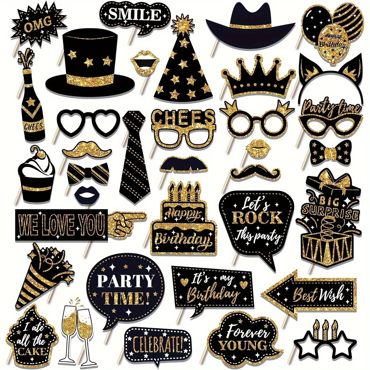 36 stücke Schwarz Goldene Geburtstag Foto Requisiten Geburtstag Party Dekorationen Papier Ball Masken Festival Handheld Fotografie Liefert