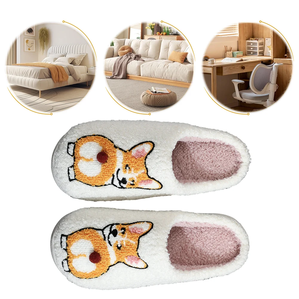 

Plush Dog Slippers Cartoon Animal Slippers Anti Slip Fluffy Home Slippers Comfortable Thermal Corgi Slippers for Indoor Bedroom