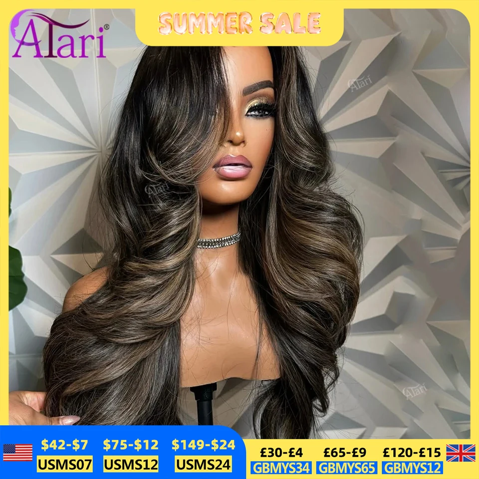 Negro con marrón ceniza transparente 13x4 13x6 pelucas de cabello humano ondulado Frontal de encaje resalta 27 5x5 peluca de encaje con cierre prearrancado