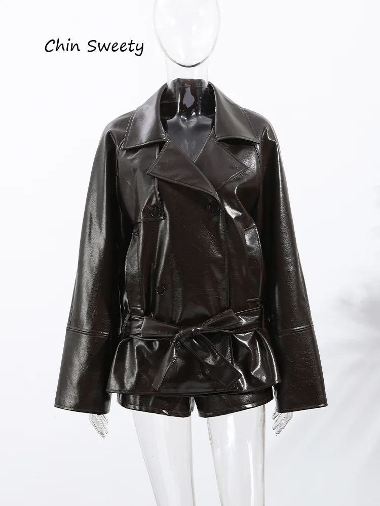 

Женский комплект из искусственной кожи, комплект из 2 предметов, куртки, брюки, пальто с отложным воротником на шнуровке, локомотивы, верхняя одежда, винтажные костюмы, осенняя одежда