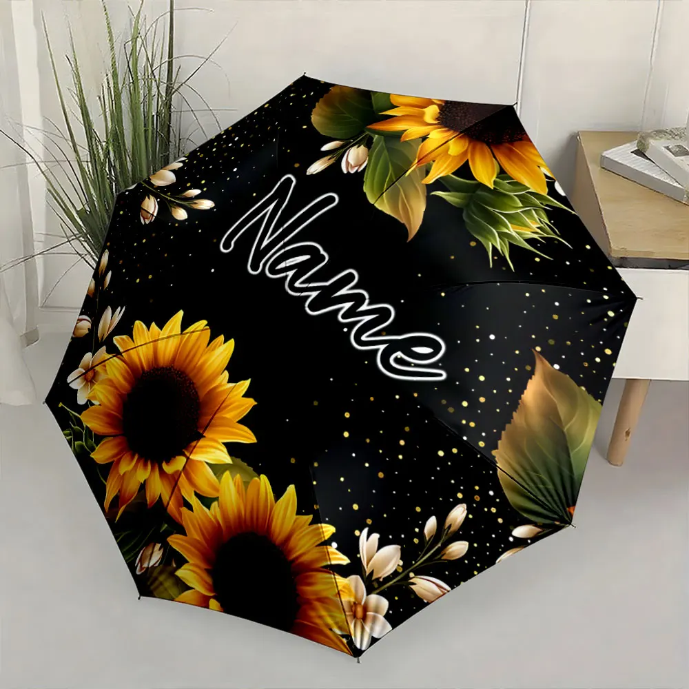 Custom Name Artistic Sunflower Umbrella with Black Background Print 8 Iron Ribs Folding Umbrella, Auto-Open Fashion Sunshade