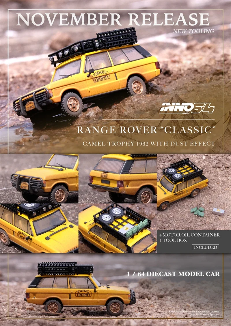 INNO64 1:64 RANGE ROVER CLASSIC CAMEL TROPHY 1982 Yellow /Muddy Version Diecast Model Car