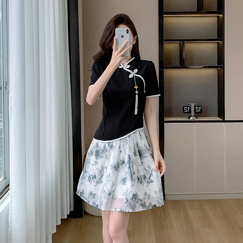 Summer Two-piece Set For Women Improved Cheongsam Black Blouse Tops And Floral Printed Mini Skirt Female Large Size Match Suits