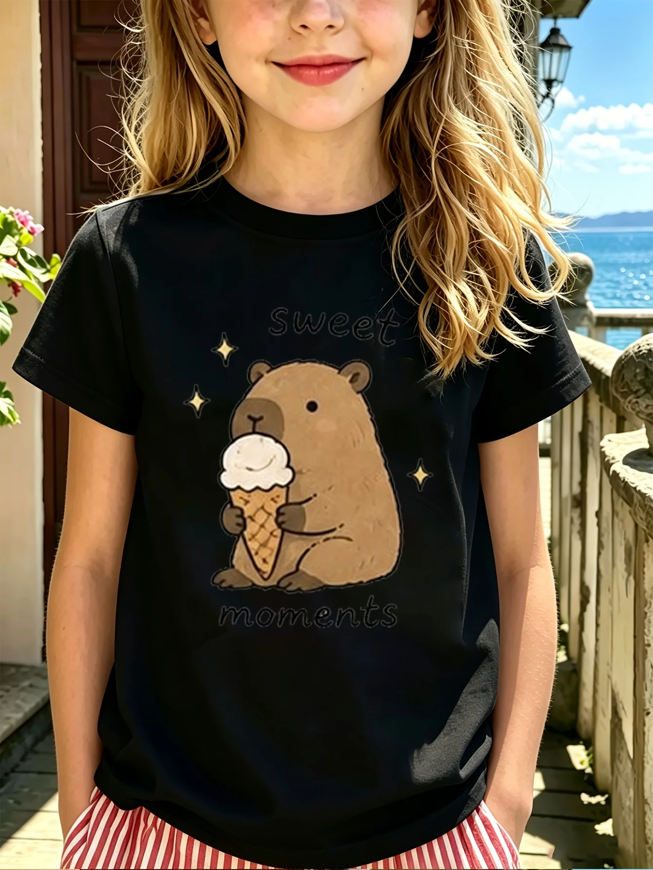 Family Matching T Shirt Capybara Ice Cream Sweet Moments Graphic Print Short Sleeve Cotton Tee For Boys Girls Kids Daily Wear