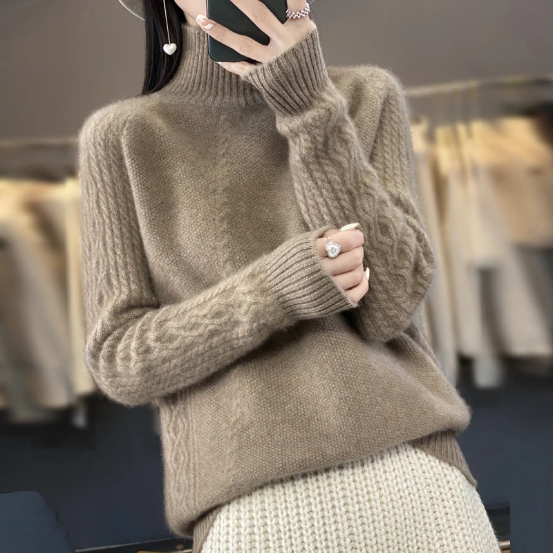 100% Merino Wool Stylish Turtleneck Sweater Women Tops Solid Color Knit Clothe Autumn Winter New Loose Casual Commute Pullover