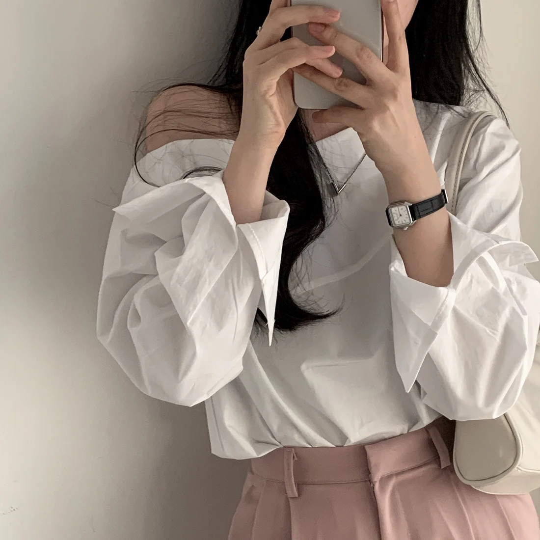 Korean Style Chic Off-Shoulder Loose Shirt All-match Versatile Lantern Long Sleeve Blouse Spring White Tops Blusas Mujer De Moda